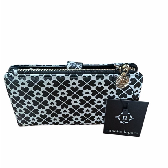 NANETTE LEPORE Fiona Logo Heart Geo Baguette Black Bag w/ Card Wallet Set - Picture 12 of 15